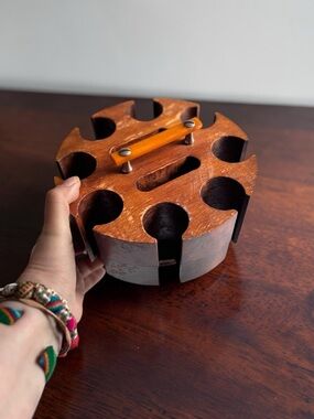 Mid Century Poker Chip Caddy Wood Bakelite Handle Card Holder